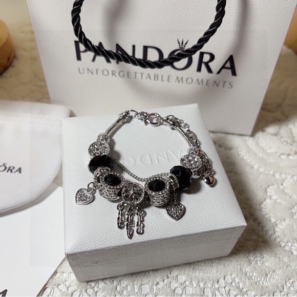 Pandora Silver Bracelet with Black Heart Charms - Picture 5 of 6